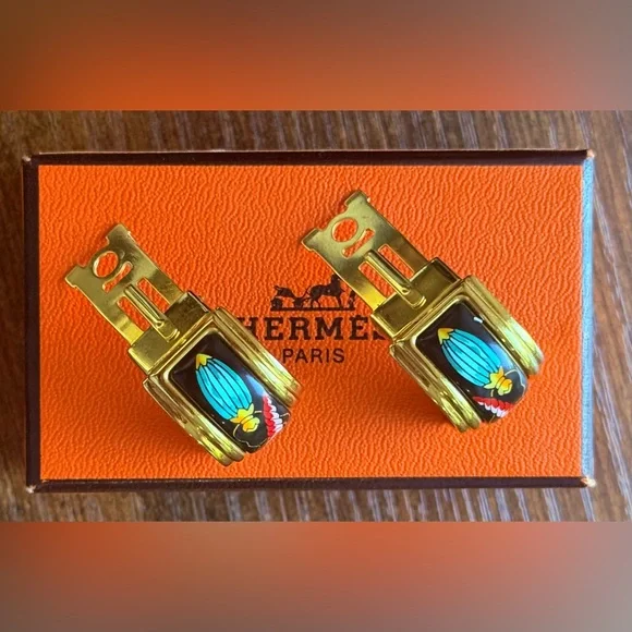 HERMES Cloisonne portrait enamel Clip on earrings w/ box - Picture 3 of 6